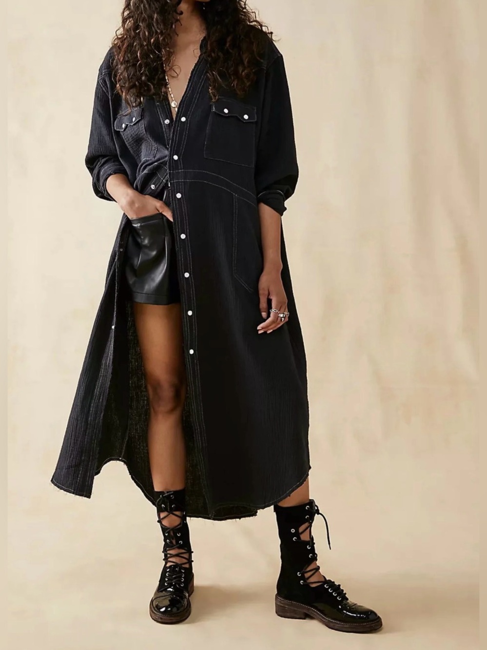 We the free Black Button-Front Long Shirt Dress 100% cotton